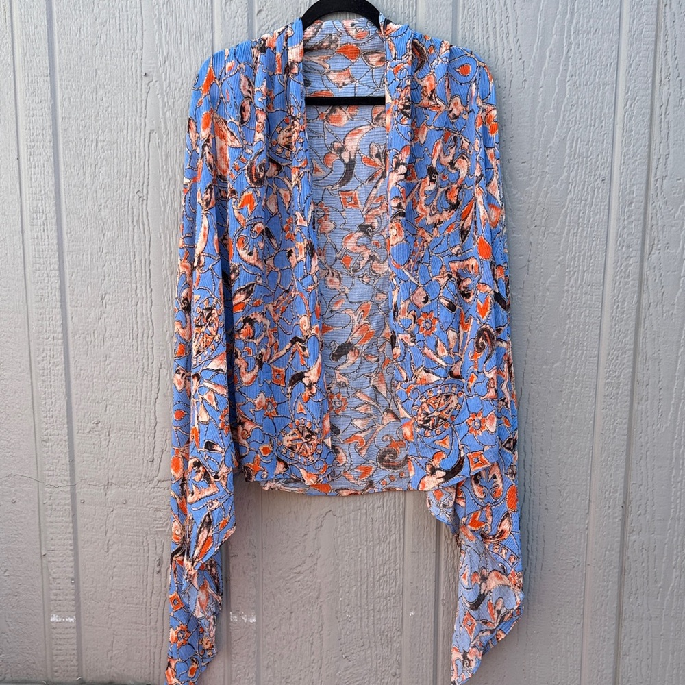 A.L.C Light Blue Orange Floral Linen Blend Draped Kimono Size: O/S